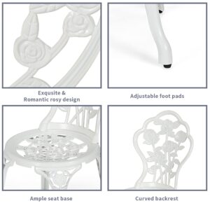 DORTALA Cast Aluminum Patio Bistro Set, 3 PCS Garden Table Set W/ 2 Chairs, Aluminum Frame, Exquisite Rose Scroll, 1.57” Outdoor Furniture for Balcony, Poolside, White