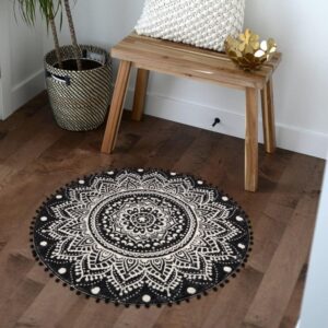 Uphome Small Round Rug 2.3’ Black Mandala Boho Bathroom Rugs with Pom Poms Fringe Washable Circle Shower Mat Soft Non-Slip Cute Circular Throw Rug for Sink Powder Room Bedroom Kids Room Nursery