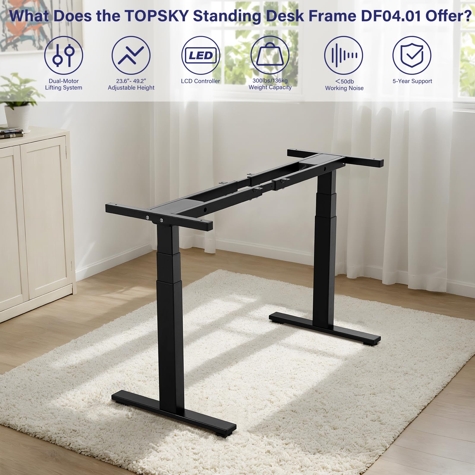 TOPSKY Dual Motor 3 Stage Electric Adjustable Standing Desk Frame Heavy Duty 300lb Load Capacity for Home Office (Black Frame Only)