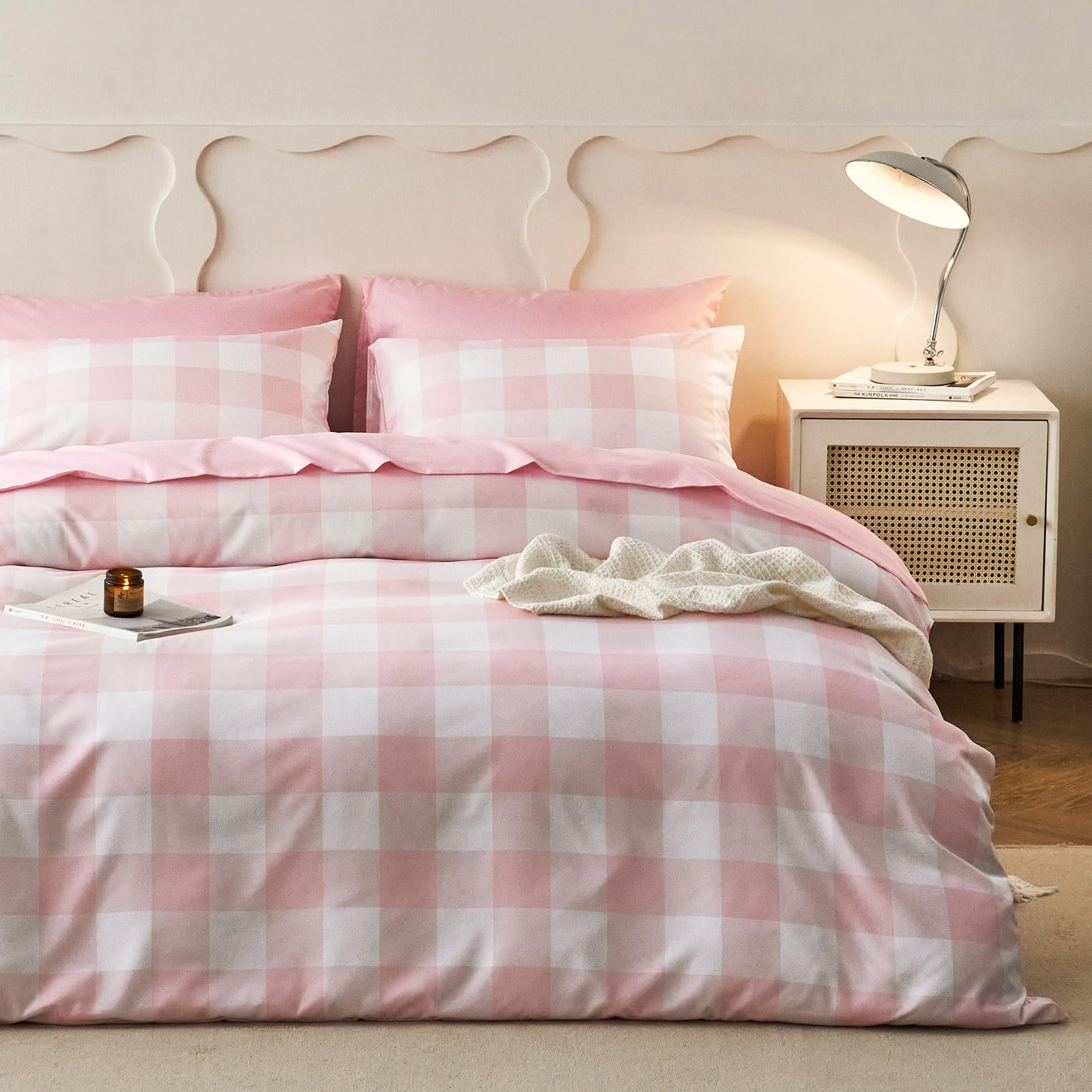 Wake In Cloud - Gingham Duvet Cover Set, Cute Plaid Buffalo Check Checker Preppy for Women Teen Girls, Soft Lightweight Dorm Bedding, 3-Piece, Pink White, Queen Size