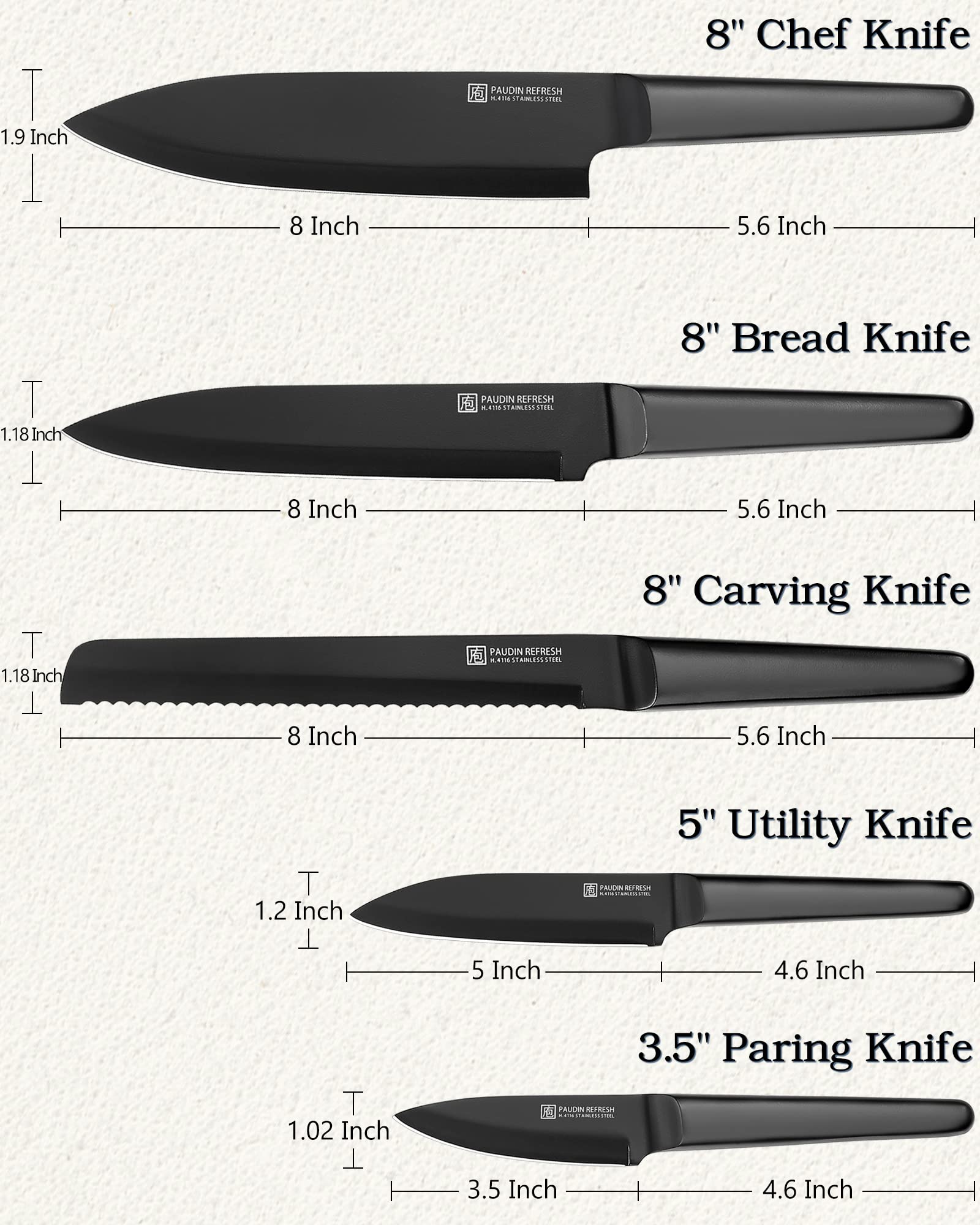 PAUDIN Knives Set, 5 Piece Professional Chefs Knife Set, Stainless Steel Kitchen Knives Include Chef Bread Carving Utility Paring Knife Boxed Knife Sets Hollow Handle German Steel