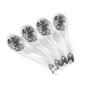 dragon ceramic spoon soup spoons asian soup spoon chinese korean japanese ramen pho miso spoons set of 4 with hole 6.2 inch