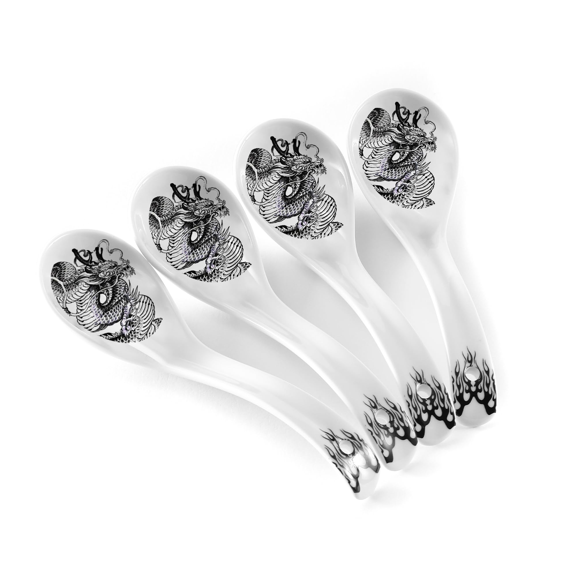 Dragon Ceramic Spoon Soup Spoons Asian Soup Spoon Chinese Korean Japanese Ramen Pho Miso Spoons Set of 4 with Hole 6.2 Inch