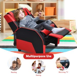 HONEY JOY Kids Recliner, Youth Game Reclining Chair w/Headrest & Back Pillow, Upholstered Leather Lounge Chair for Boys Girls, Manual Adjustable Toddler Single Sofa Chair for Living Room (Red)