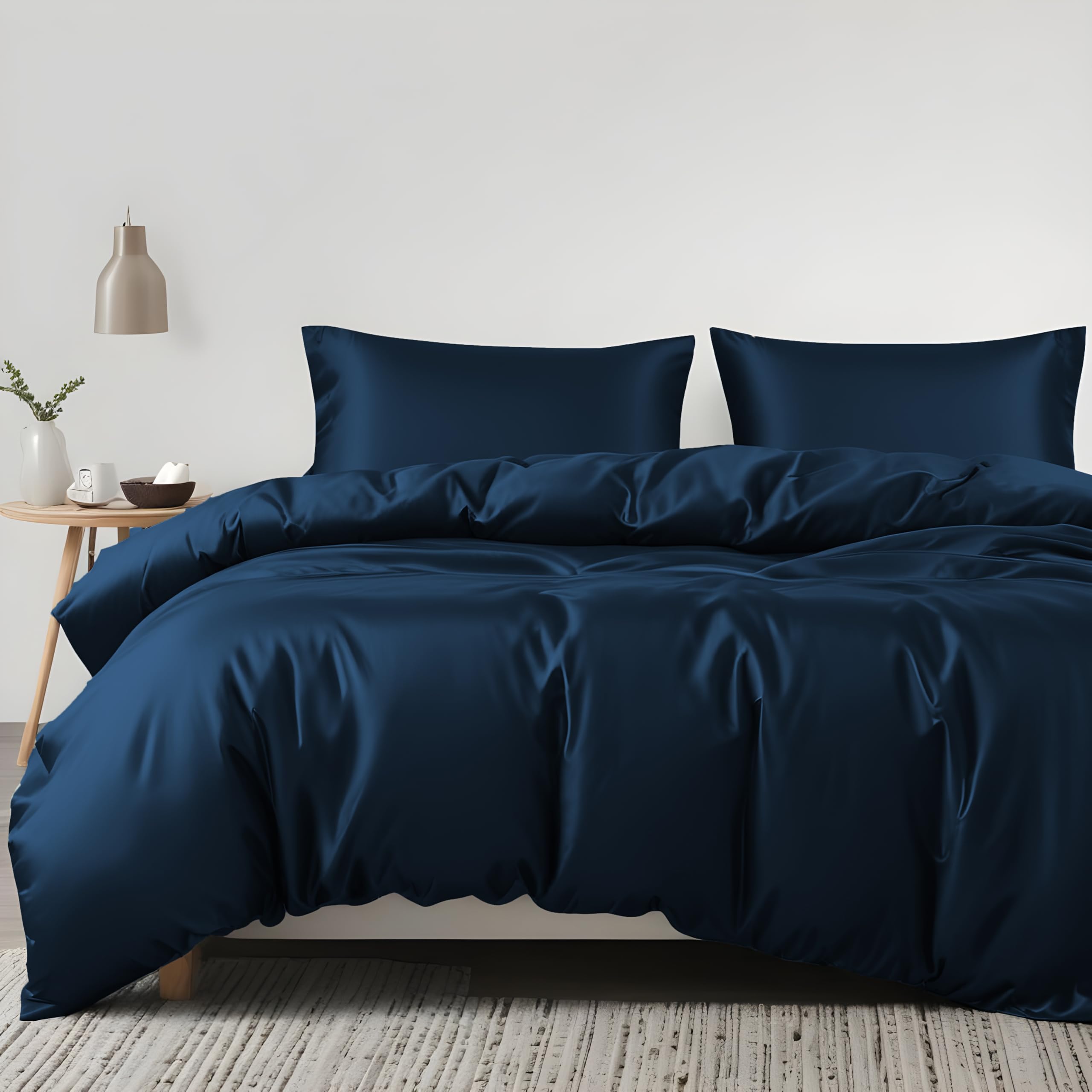 Linenwalas Tencel Lyocell Duvet Cover Set, Eucalyptus Cooling Lightweight Silk Comforter Cover Set with Zipper Closure & Corner Ties (Navy Blue, King)