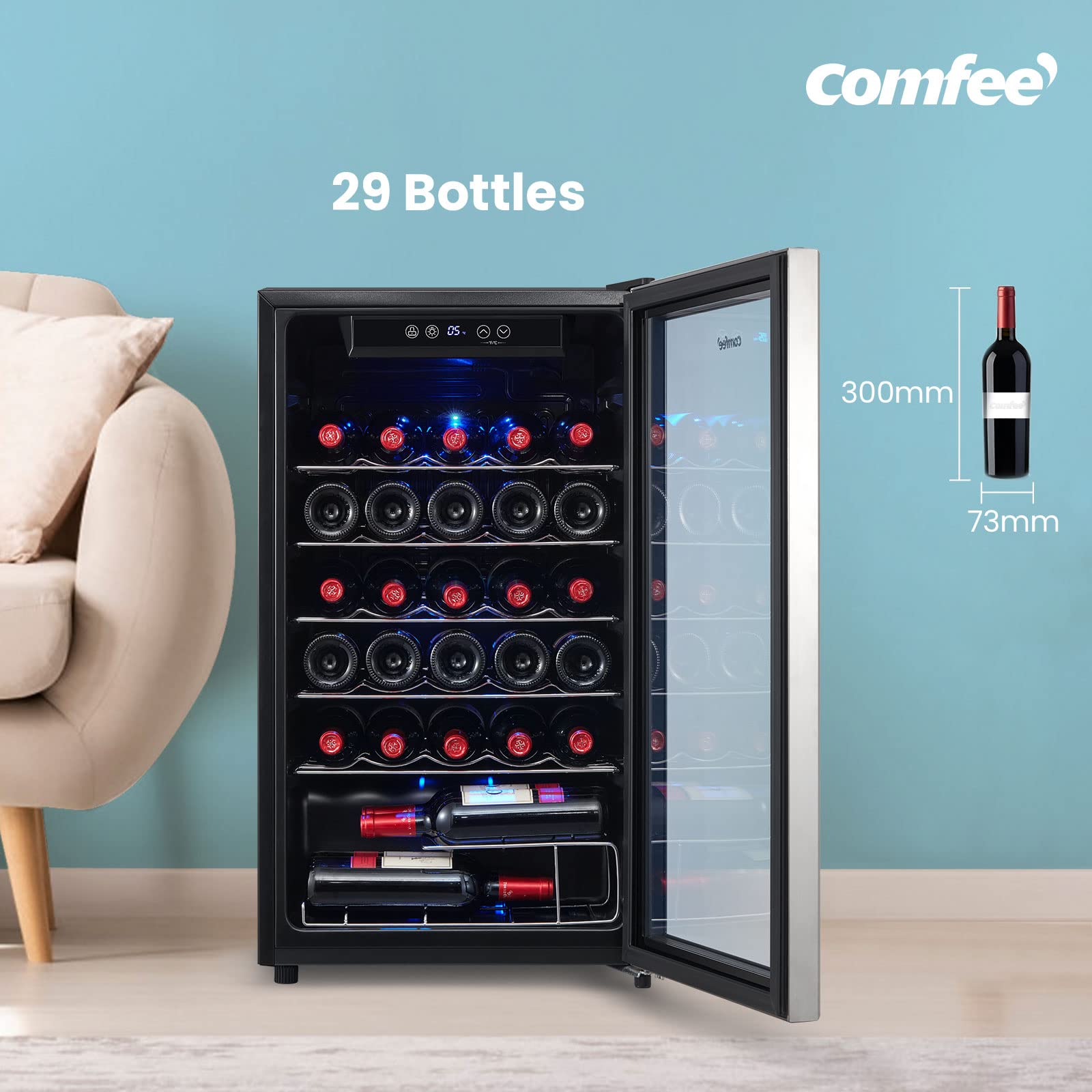 COMFEE' CRW29S3AST Freestanding Wine Cellar, 29 Bottle Wine Cooler Refrigerators, Quiet Operation Compressor, Glass Door Stainless Steel Frame For Red&White Wine&Beer,Black