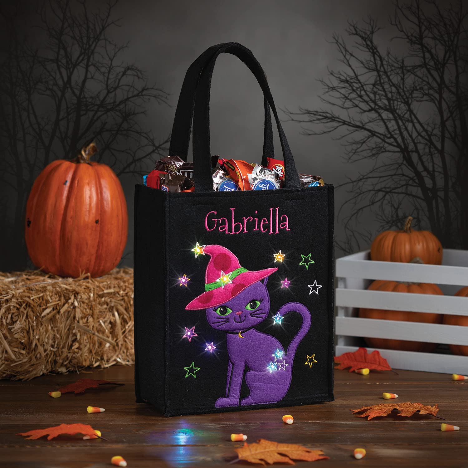 Personalized Planet LED Happy Purple Cat Halloween Light Up Trick or Treat Bag | Custom Name Embroidered on Black Candy Basket for Kids | Costume Accessory