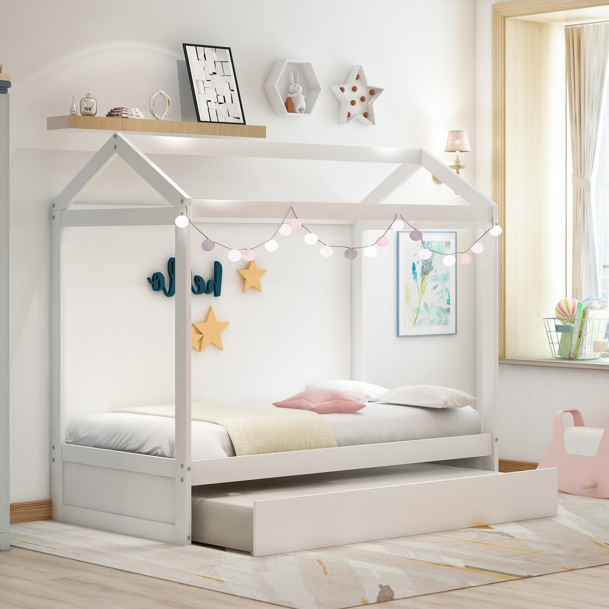 Merax Twin House Bed with Trundle, Twin Size Wooden House Bunk Bed with Support Legs, Can be Decorated for Girls, Boys (White)