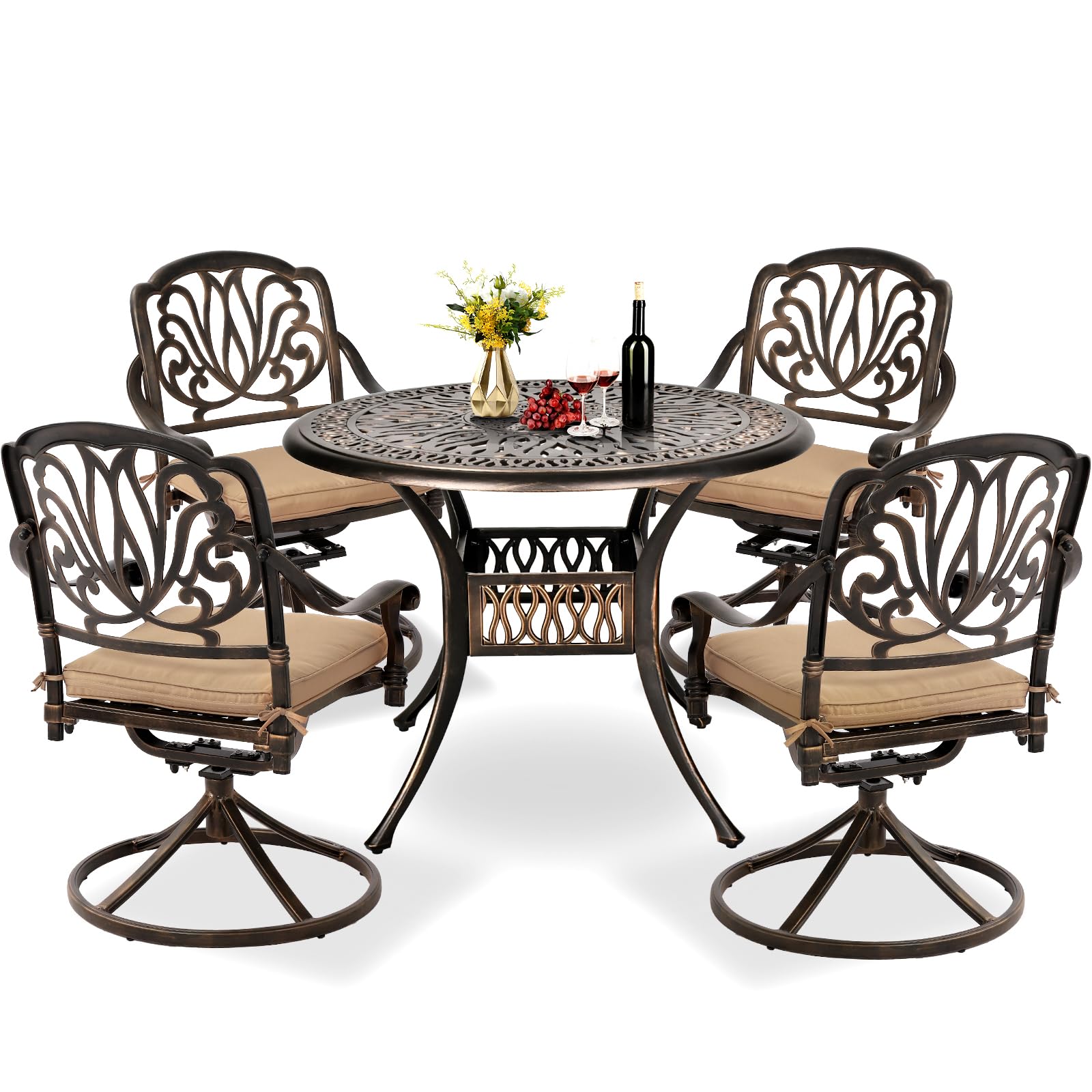 TITIMO 5-Piece Outdoor Patio Dining Set, Cast Aluminum Furniture Set All-Weather Includes Khaki Cushions and 35.4" Round Table with Umbrella Hole for Yard Garden Deck (Khaki)