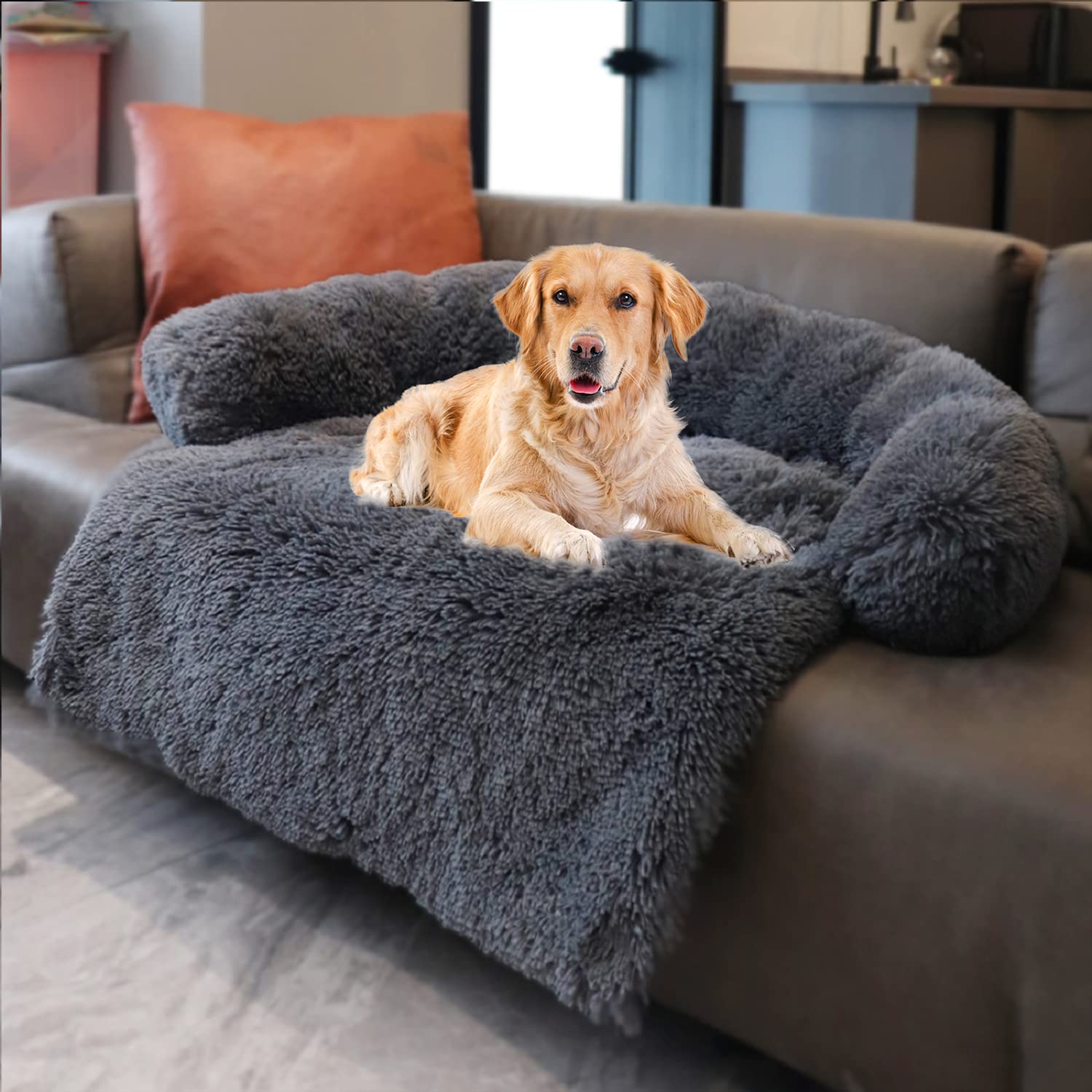 Dekeyoo Pet Couch Protector, Waterproof Calming Dog Bed for Large Dogs Plush Dog Mat Dog Sofa, Pet Furniture Cover with Soft Neck Bolster, Machine Washable Dark Grey Large