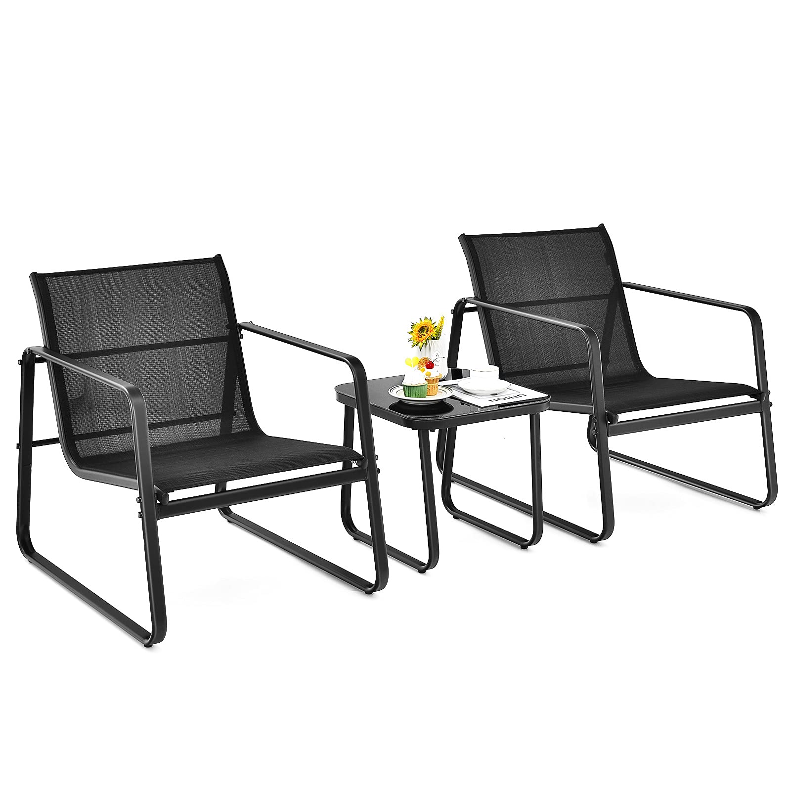 Giantex 3 Pieces Patio Bistro Set, Outdoor Dining Furniture Set with Rustproof Steel Frame, Porch Conversation Set with Glass Top Table & 2 Lawn Chairs for Garden Balcony Deck Yard, Black