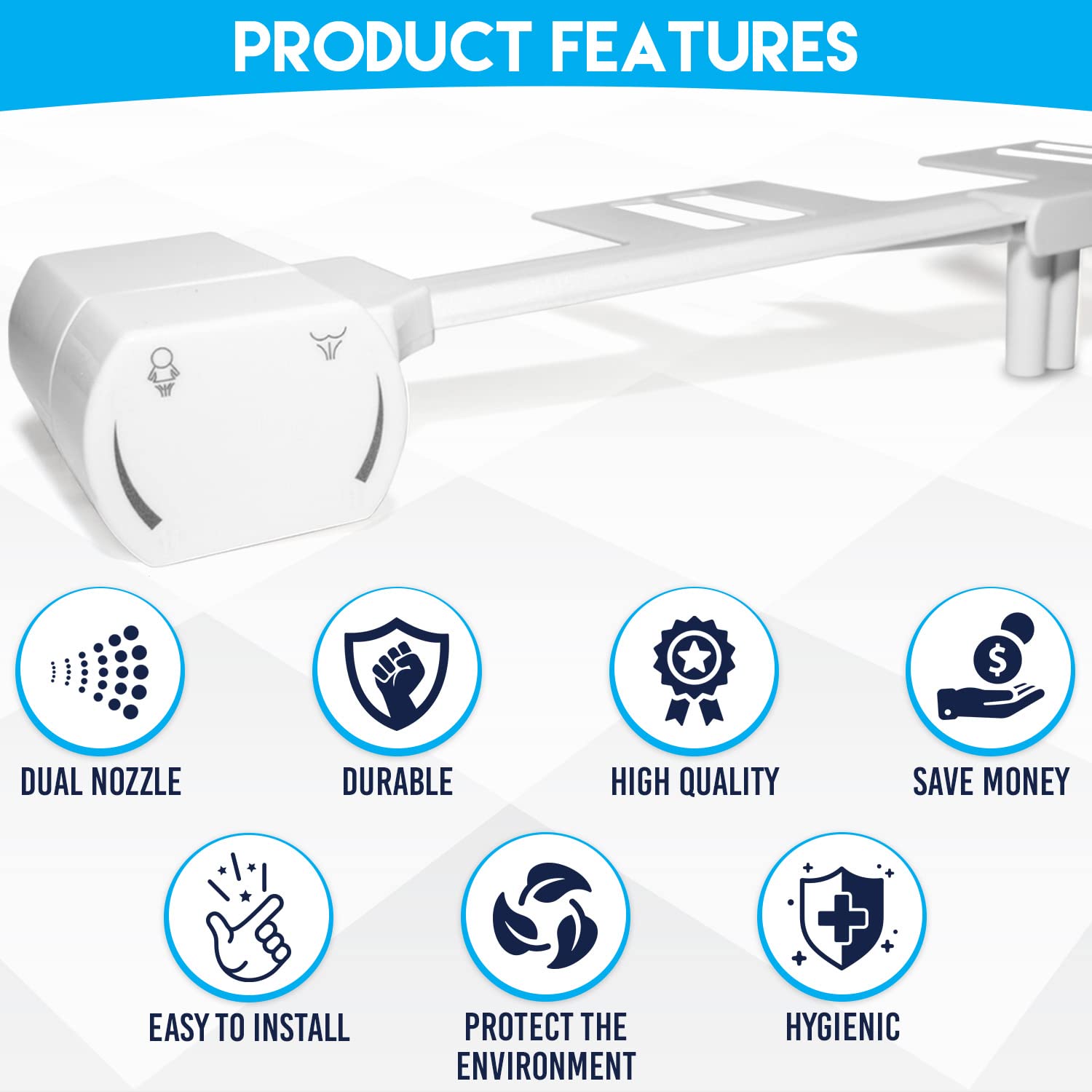 JEP Bidet Toilet Seat Attachment for Toilets | Bidets for Existing Toilets for Rear & Feminine Cleaning, Easy to Install, Convenient, and Power Free (Cold Water Square Knob)