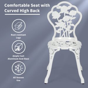 DORTALA Cast Aluminum Patio Bistro Set, 3 PCS Garden Table Set W/ 2 Chairs, Aluminum Frame, Exquisite Rose Scroll, 1.57” Outdoor Furniture for Balcony, Poolside, White