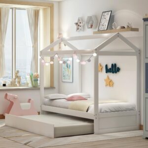 Merax Twin House Bed with Trundle, Twin Size Wooden House Bunk Bed with Support Legs, Can be Decorated for Girls, Boys (White)