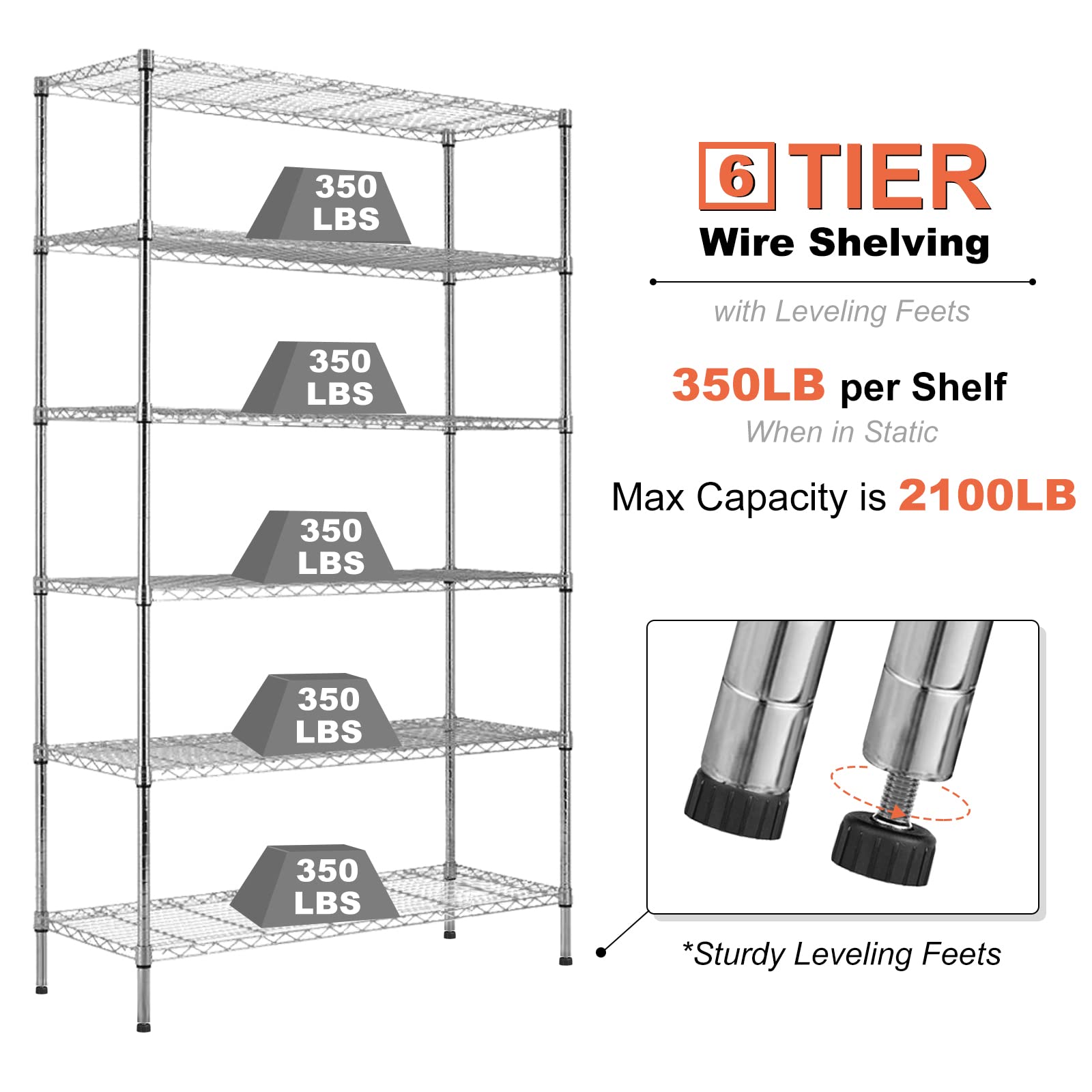 Heavy Duty Storage Shelves Hold 2100LBS Metal Shelves with Wheels Adjustable 6 Tier Wire Shelving Unit NSF Shelving for Closet Kitchen Garage Basement, 82" H x 48" L x 18" D- Chrome