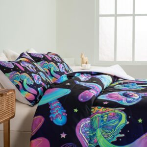 Dropshipful Cute Mushroom Bedding Sets, Twin Cartoon Mushroom Comforter Set, Mushroom Gifts for Women 3PC Black Comforter and 2 Pillowcases