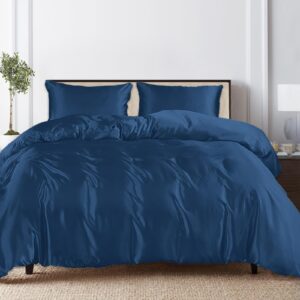 Linenwalas Tencel Lyocell Duvet Cover Set with Deep Pocket Fitted Sheet, Viscose Made from Eucalyptus Soft, Lightweight and Breathable Complete Bedding Set (Navy Blue, Queen)