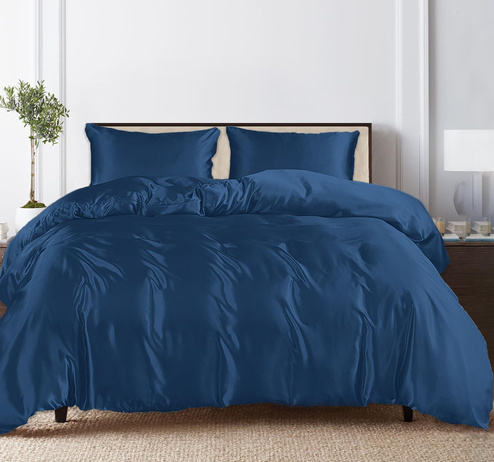 Linenwalas Tencel Lyocell Duvet Cover Set with Deep Pocket Fitted Sheet, Viscose Made from Eucalyptus Soft, Lightweight and Breathable Complete Bedding Set (Navy Blue, Queen)