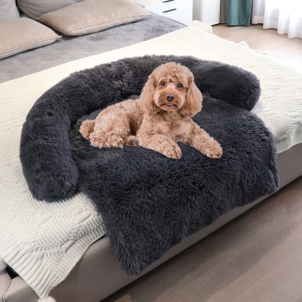 Dekeyoo Pet Couch Protector, Waterproof Calming Dog Bed for Large Dogs Plush Dog Mat Dog Sofa, Pet Furniture Cover with Soft Neck Bolster, Machine Washable Dark Grey Large