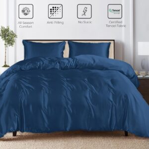 Linenwalas Tencel Lyocell Duvet Cover Set with Deep Pocket Fitted Sheet, Viscose Made from Eucalyptus Soft, Lightweight and Breathable Complete Bedding Set (Navy Blue, Queen)