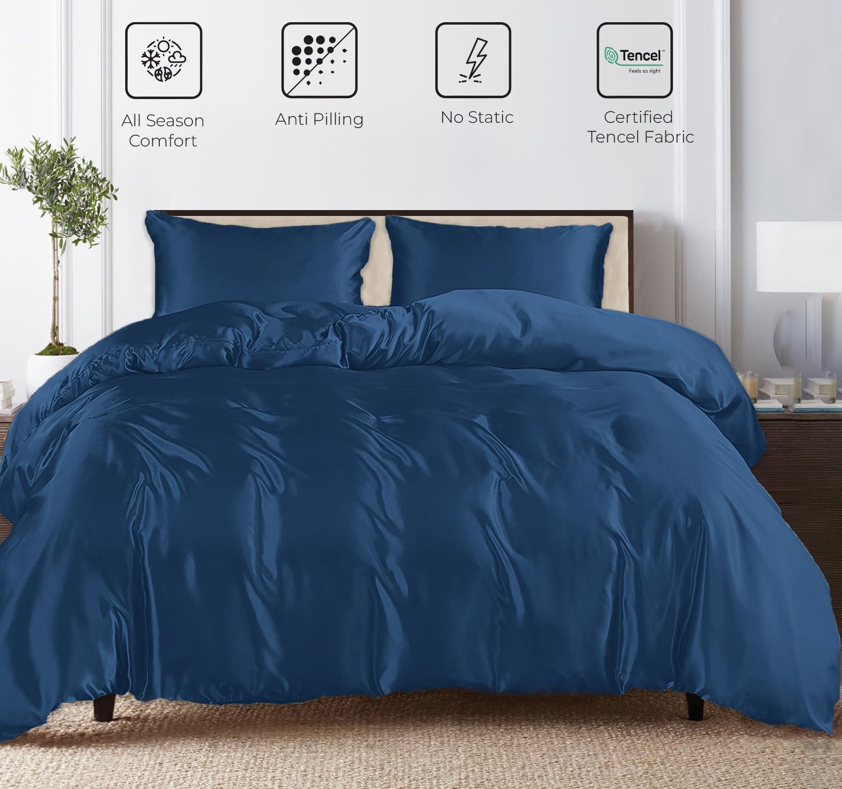 Linenwalas Tencel Lyocell Duvet Cover Set with Deep Pocket Fitted Sheet, Viscose Made from Eucalyptus Soft, Lightweight and Breathable Complete Bedding Set (Navy Blue, Queen)