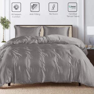 Linenwalas Tencel Lyocell Duvet Cover Set with Deep Pocket Fitted Sheet, Viscose Made from Eucalyptus Soft, Lightweight and Breathable Complete Bedding Set (Light Grey, Queen)