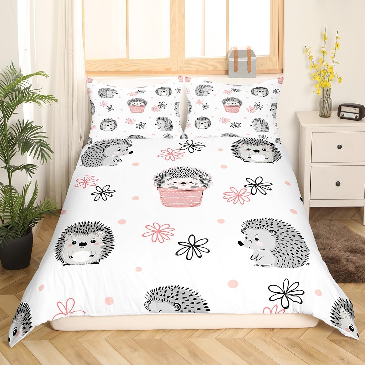 Feelyou Hedgehog Duvet Cover Kids Cute Hedgehog Bedding Set for Girls Teens Ultra Soft Kawaii Wild Animal Comforter Cover Set Polka Dots Bedspread Cover Room Decor Queen Size Bedclothes Zipper