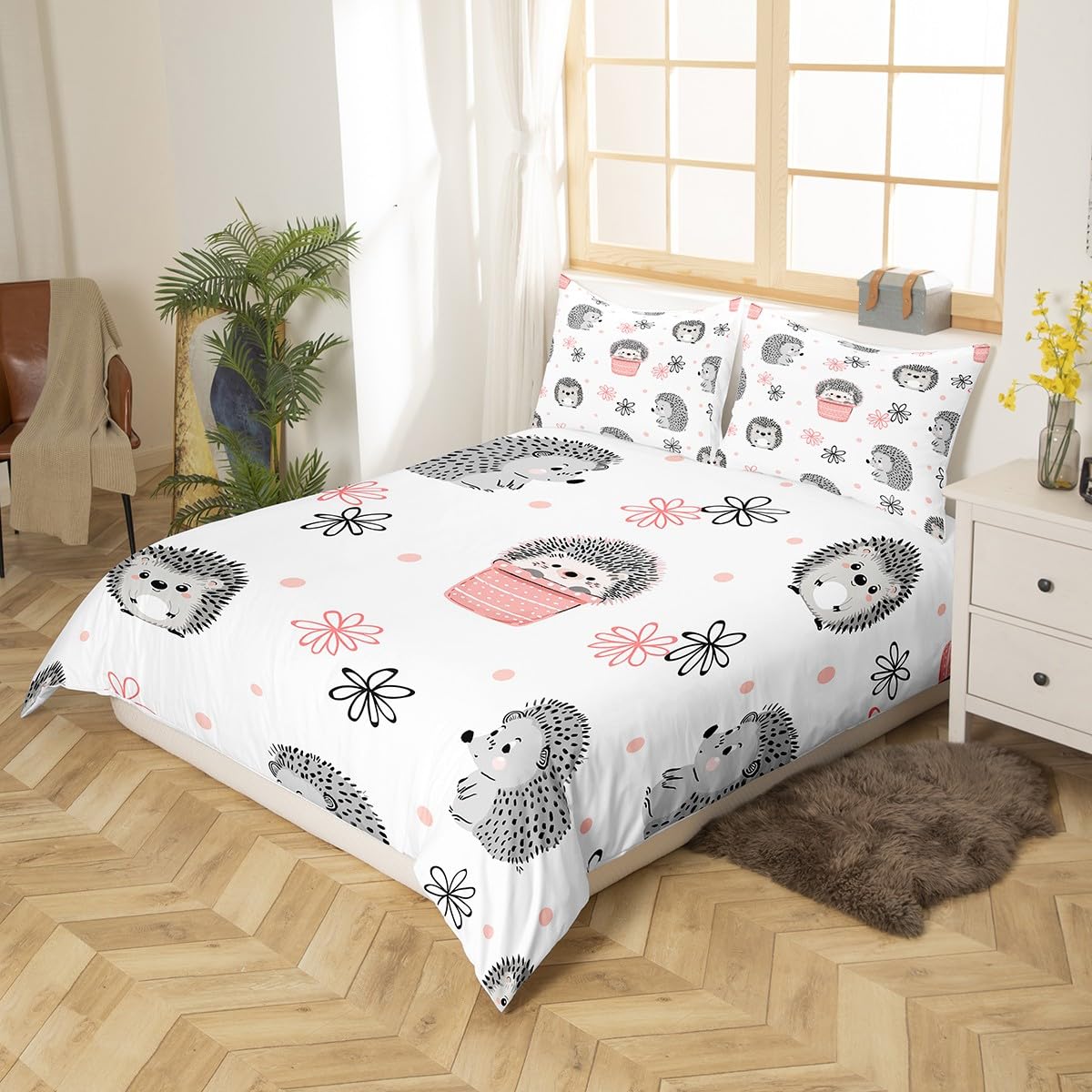 Feelyou Hedgehog Duvet Cover Kids Cute Hedgehog Bedding Set for Girls Teens Ultra Soft Kawaii Wild Animal Comforter Cover Set Polka Dots Bedspread Cover Room Decor Queen Size Bedclothes Zipper