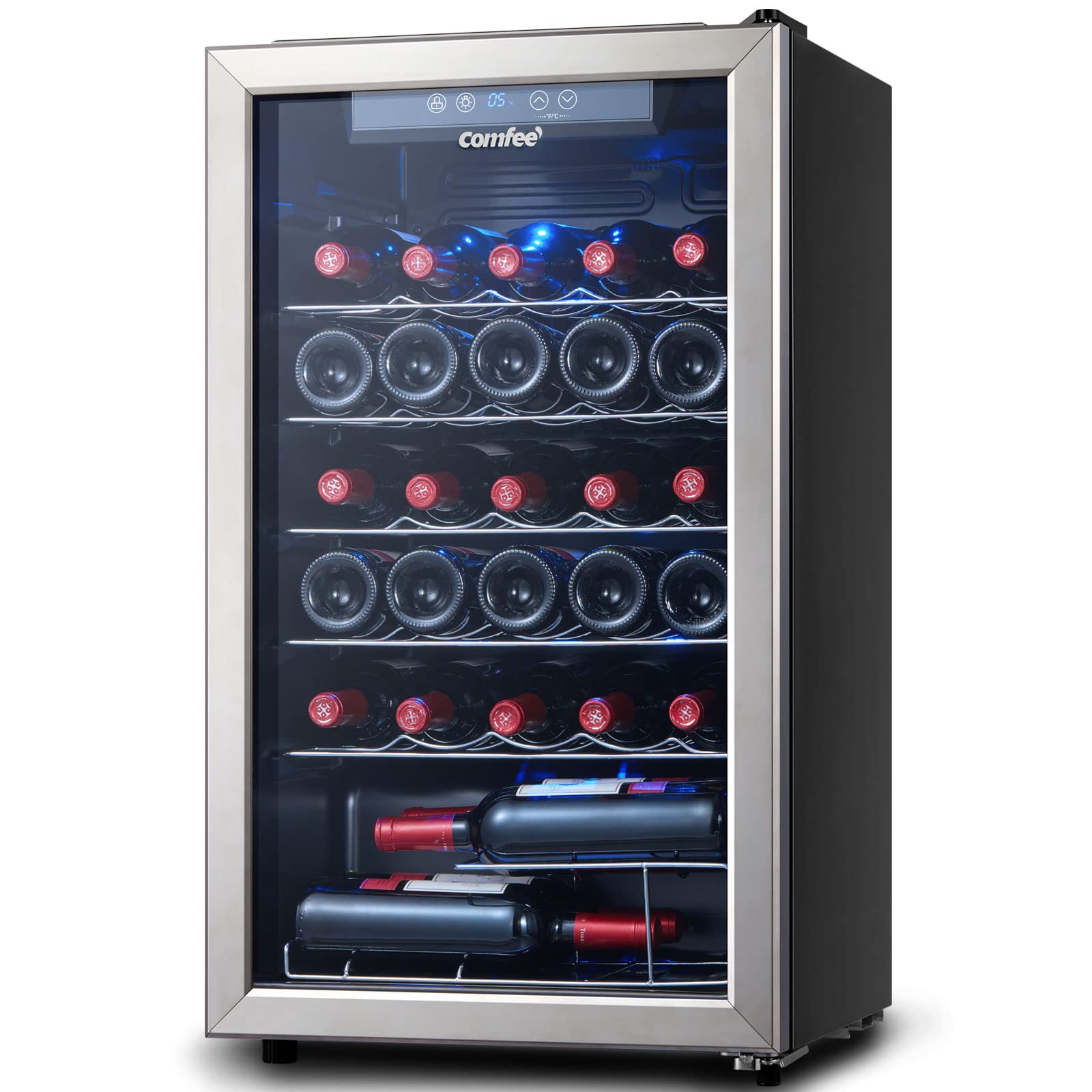 COMFEE' CRW29S3AST Freestanding Wine Cellar, 29 Bottle Wine Cooler Refrigerators, Quiet Operation Compressor, Glass Door Stainless Steel Frame For Red&White Wine&Beer,Black