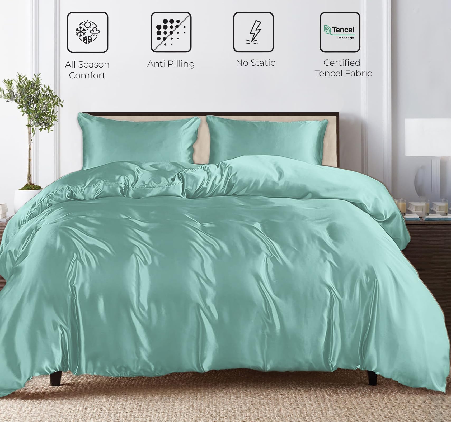 Linenwalas Tencel Lyocell Duvet Cover Set with Deep Pocket Fitted Sheet, Viscose Made from Eucalyptus Soft, Lightweight and Breathable Complete Bedding Set (Aqua, Twin)