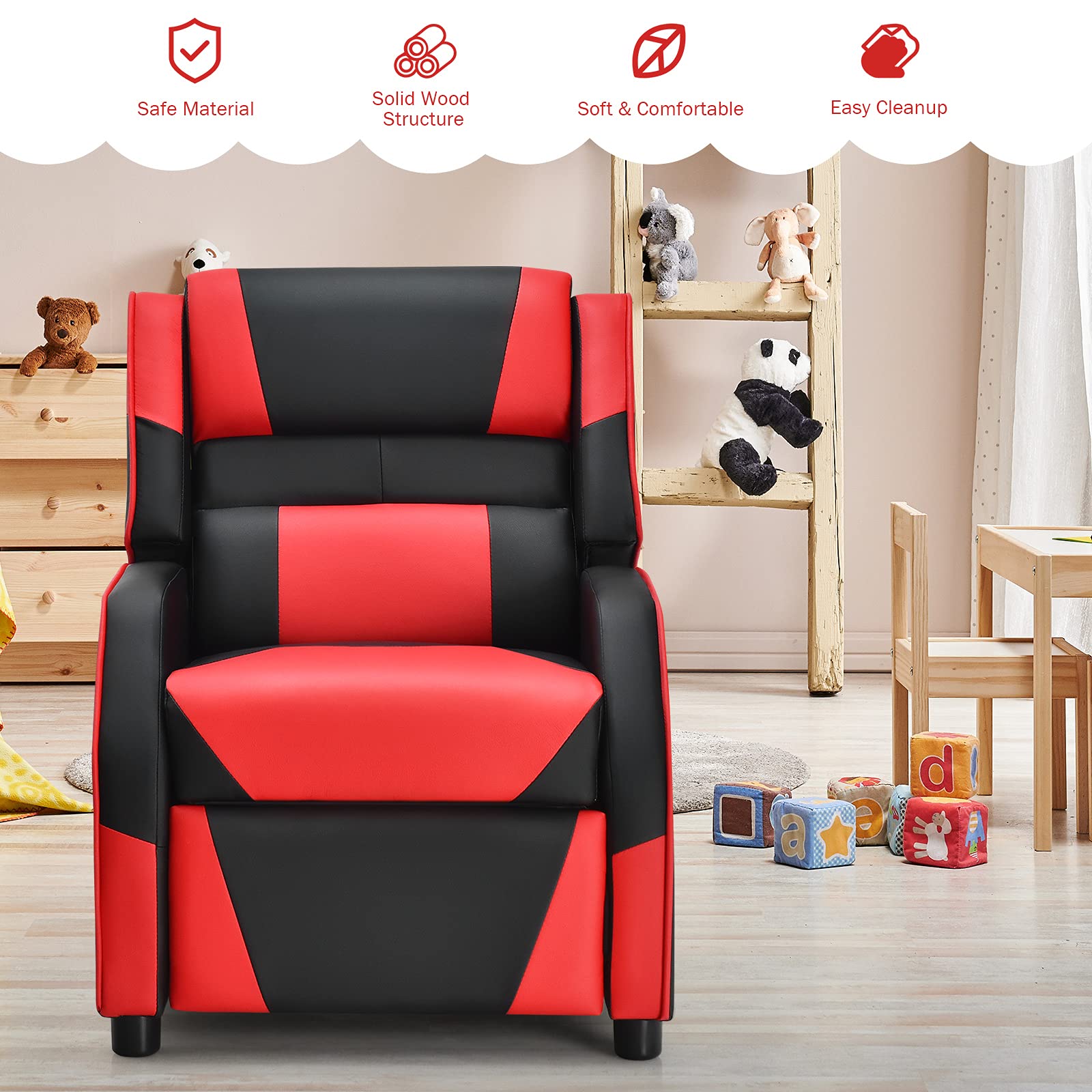 HONEY JOY Kids Recliner, Youth Game Reclining Chair w/Headrest & Back Pillow, Upholstered Leather Lounge Chair for Boys Girls, Manual Adjustable Toddler Single Sofa Chair for Living Room (Red)