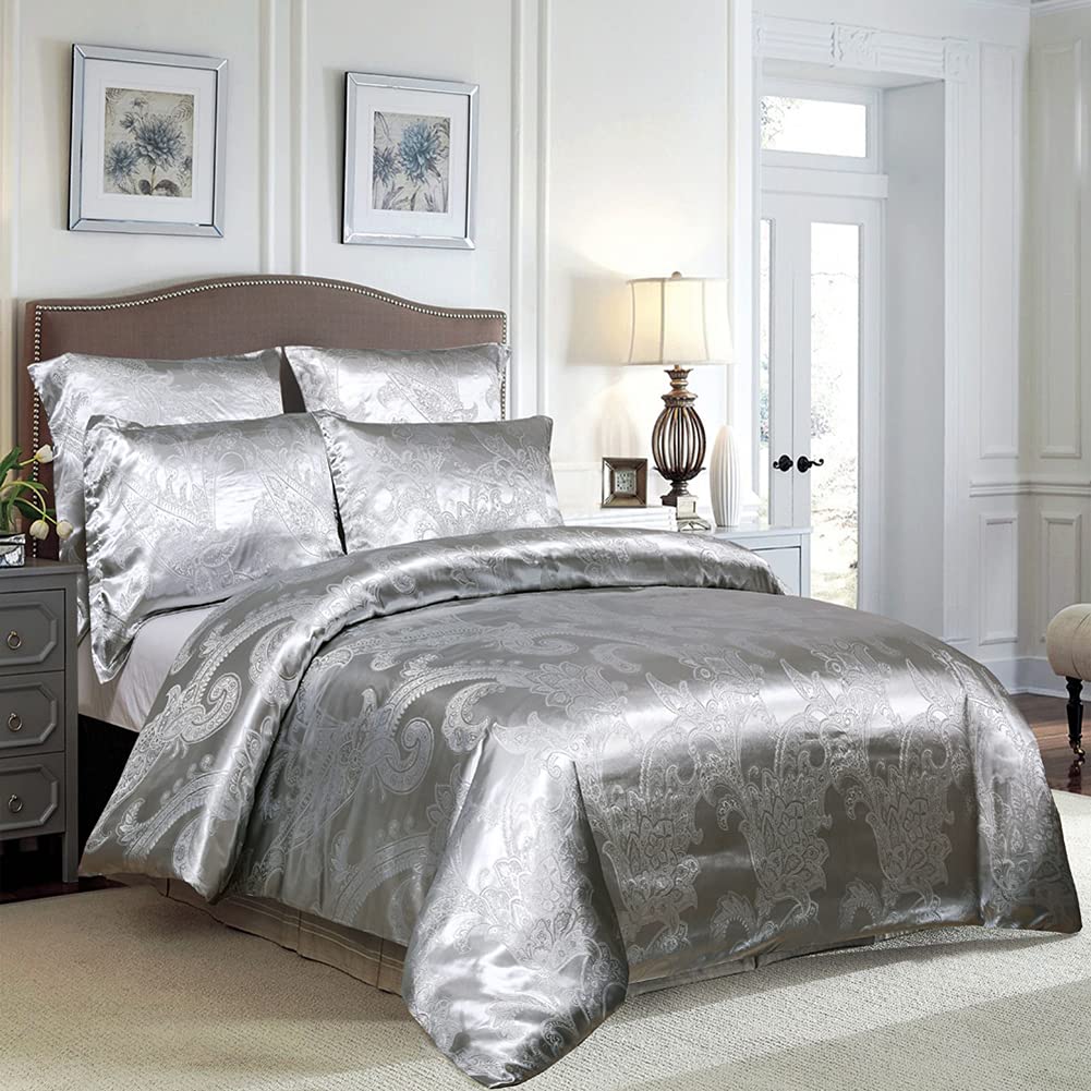 vctops Floral Jacquard Satin Duvet Cover Set King Size 3 Piece Luxury Silk Like Bedding Comforter Cover Set with Zipper Closure & Corner Ties (Silver Grey,King)