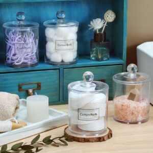 AOZITA 4 Pack 18 OZ Qtip Holder Dispenser for Cotton Ball, Cotton Swab, Cotton Round Pads, Floss - Clear Plastic Apothecary Jar Set for Bathroom Canister Storage Organization, Vanity Makeup Organizer