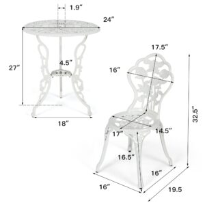 DORTALA Cast Aluminum Patio Bistro Set, 3 PCS Garden Table Set W/ 2 Chairs, Aluminum Frame, Exquisite Rose Scroll, 1.57” Outdoor Furniture for Balcony, Poolside, White