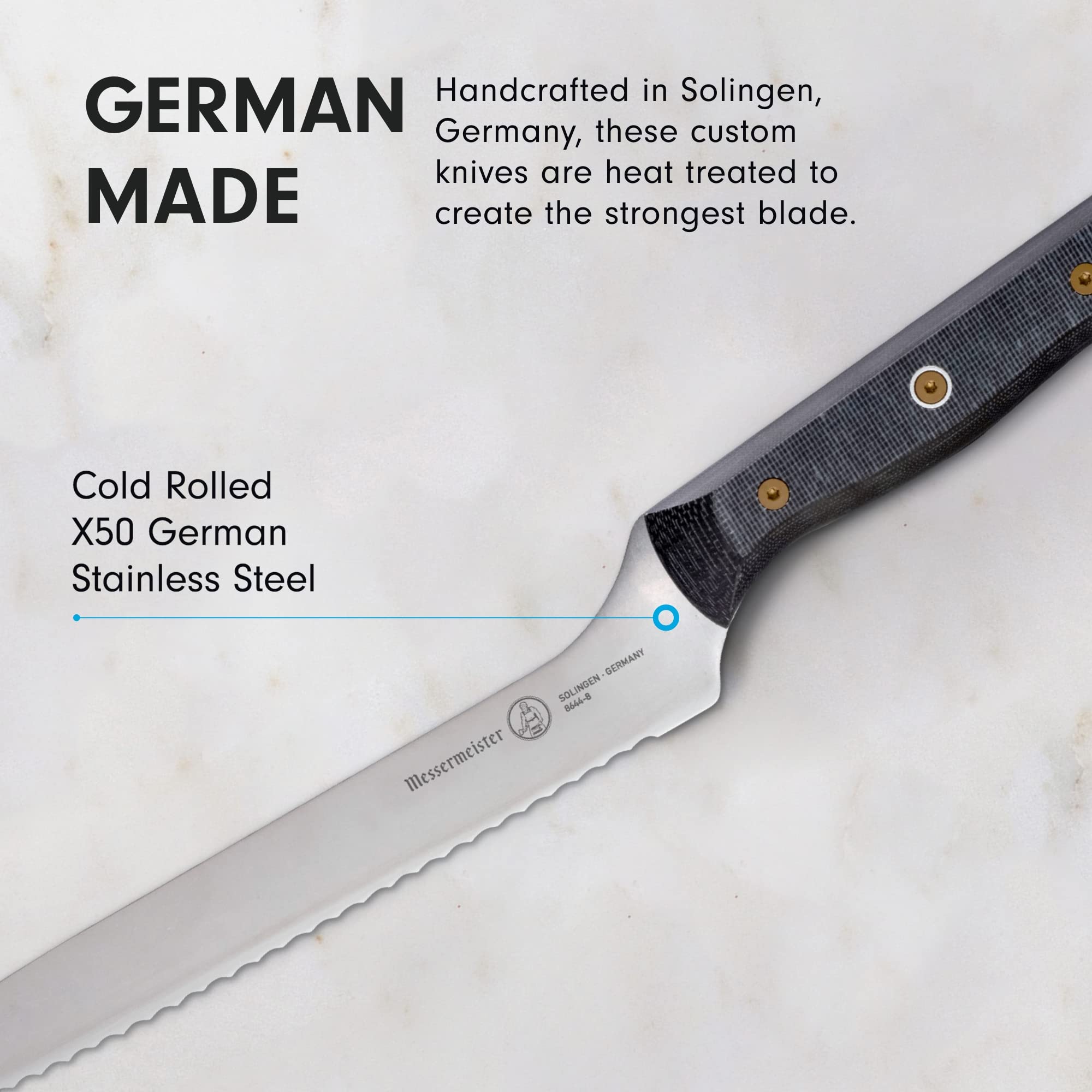 Messermeister Custom 8” Offset Scalloped Knife - X50 German Stainless Steel - Rust Resistant & Easy to Maintain - Made in Solingen, Germany