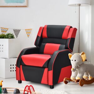 HONEY JOY Kids Recliner, Youth Game Reclining Chair w/Headrest & Back Pillow, Upholstered Leather Lounge Chair for Boys Girls, Manual Adjustable Toddler Single Sofa Chair for Living Room (Red)