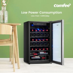 COMFEE' CRW29S3AST Freestanding Wine Cellar, 29 Bottle Wine Cooler Refrigerators, Quiet Operation Compressor, Glass Door Stainless Steel Frame For Red&White Wine&Beer,Black