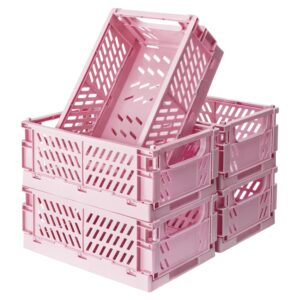 xuanmuque 5-pack collapsible plastic storage baskets for organizing with handle, crate bin for desk bedroom office bedroom, 9.8''l x 6.5''w x 3.8''h, pink