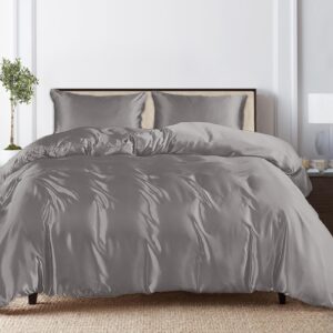 Linenwalas Tencel Lyocell Duvet Cover Set with Deep Pocket Fitted Sheet, Viscose Made from Eucalyptus Soft, Lightweight and Breathable Complete Bedding Set (Light Grey, Queen)