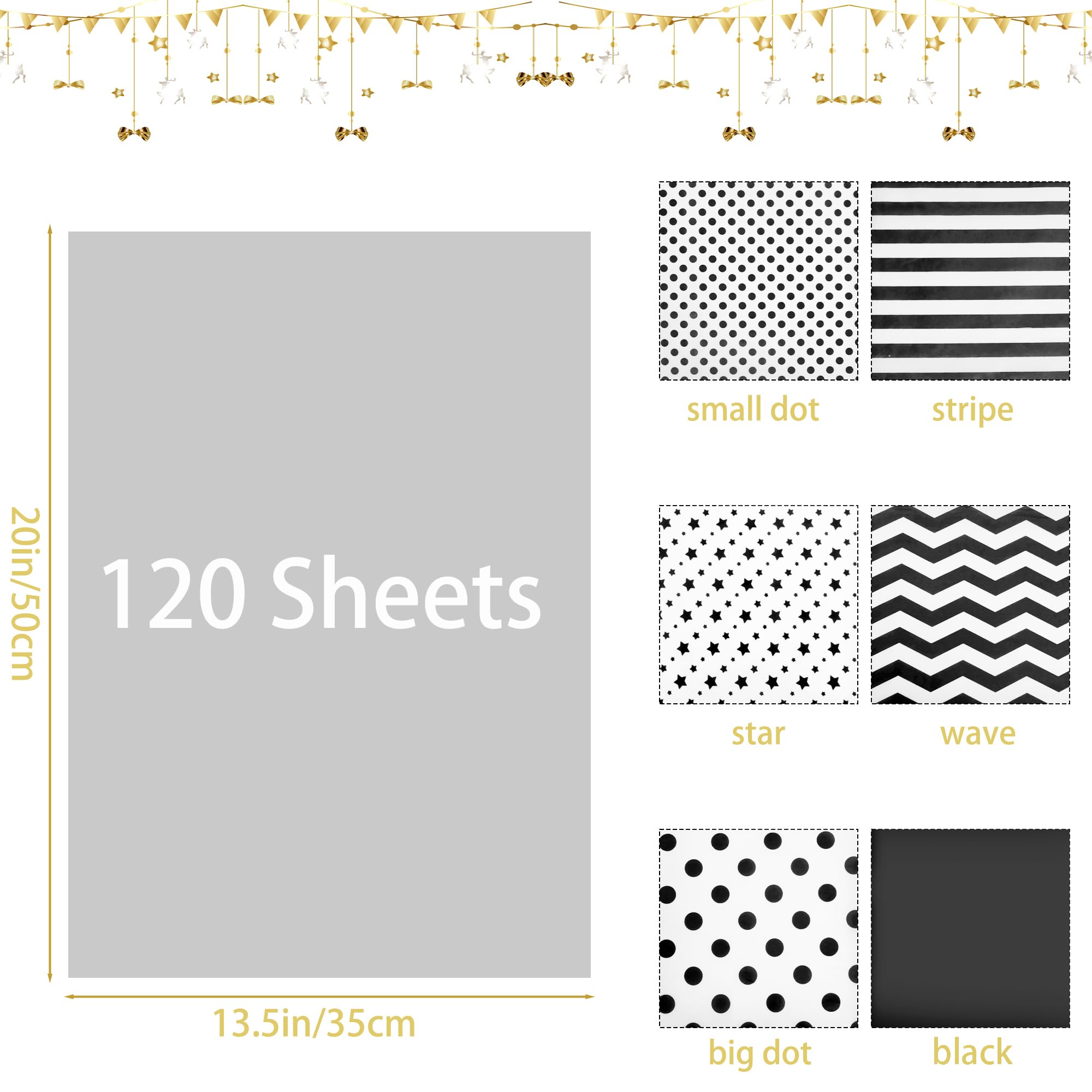 Offizon 120 Sheets of Black Wrapping Tissue Paper for Women, 13.5x20 Inches DIY Gifts Wrapping Paper, Wrapping Tissue for Holidays and Birthdays (35x50cm)