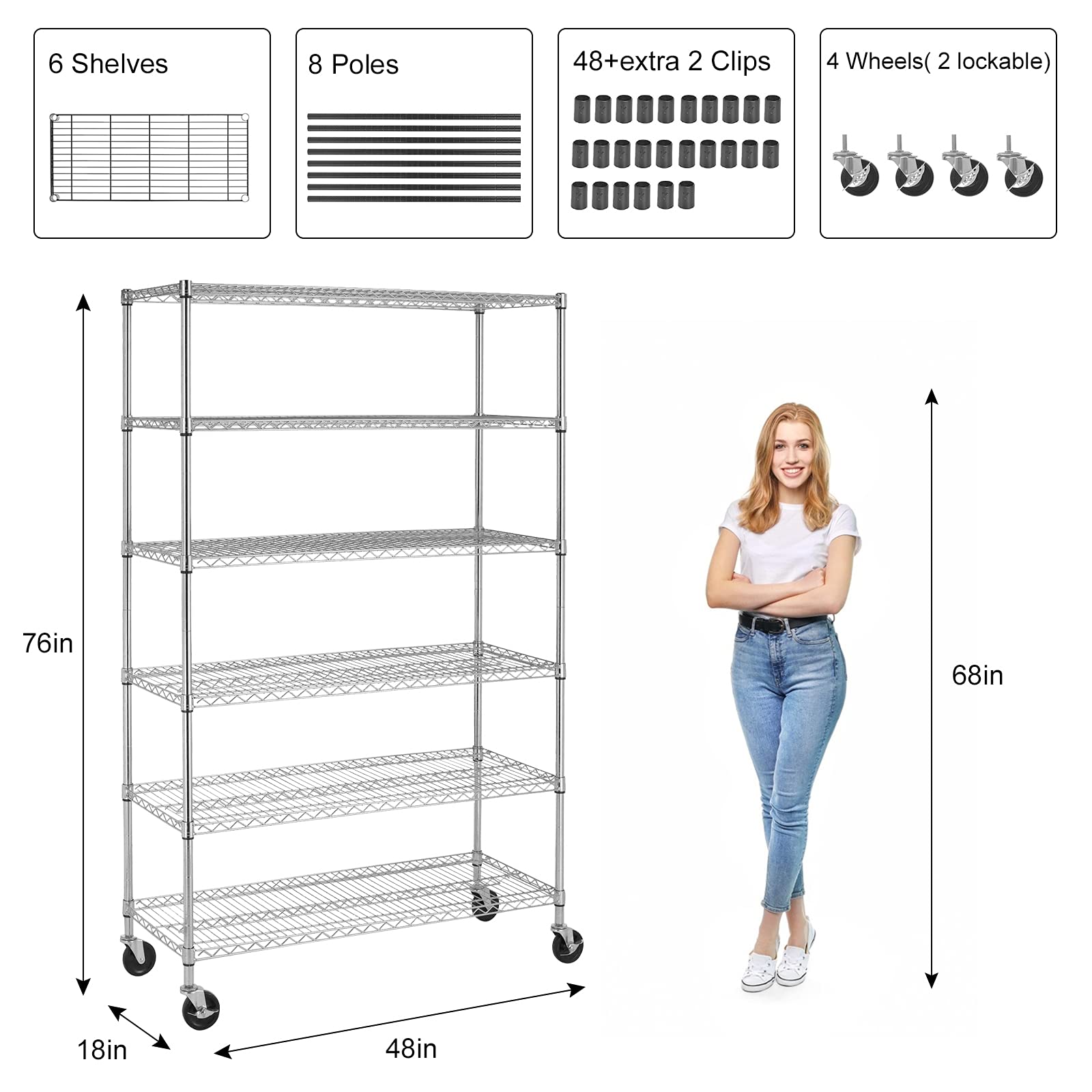 6-Tier Wire Shelving Unit 6000lb Capacity NSF Heavy Duty Steel Height Adjustable Storage Shelves with Wheels, 18" L x 48" W x 76" H Metal Shelf - Chrome