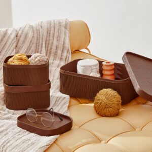 LA JOLIE MUSE Fluted Cardboard Storage Baskets with Leather-Like Lids, Sturdy Stackable Paper Boxes Decorative Tray, Chocolate Brown, Set of 3