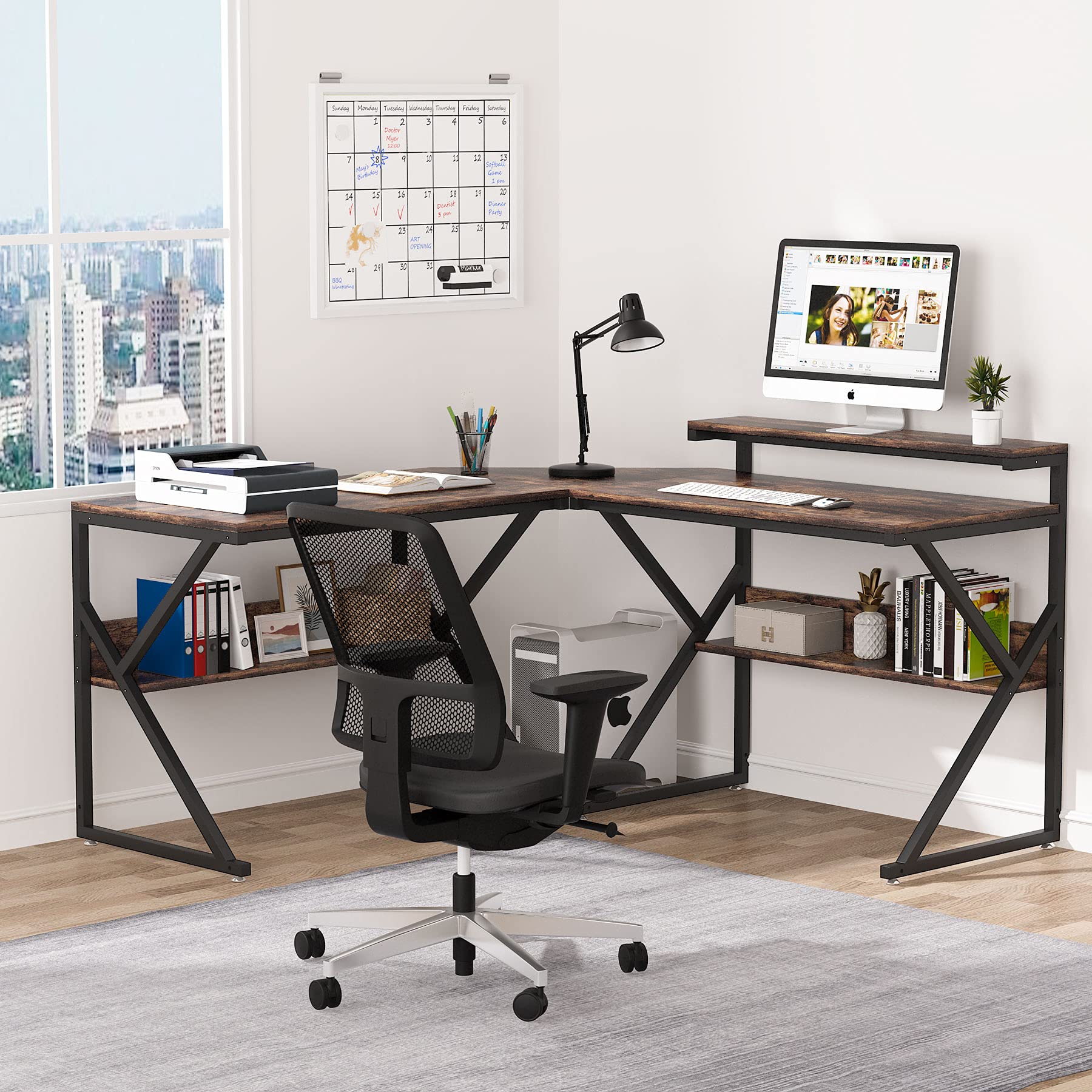 Tribesigns L Shaped Desk with Storage Shelves, 63 inch Industrial Corner Computer Desk with Monitor Stand, Study Writing Table Workstation for Home Office, Rustic Brown