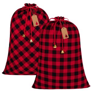 aneco 2 packs 37 x 27 inches buffalo plaid drawstring bag jumbo size holiday santa present bag large cotton storage bags with 24 pieces kraft tags and bell for storing christmas gifts