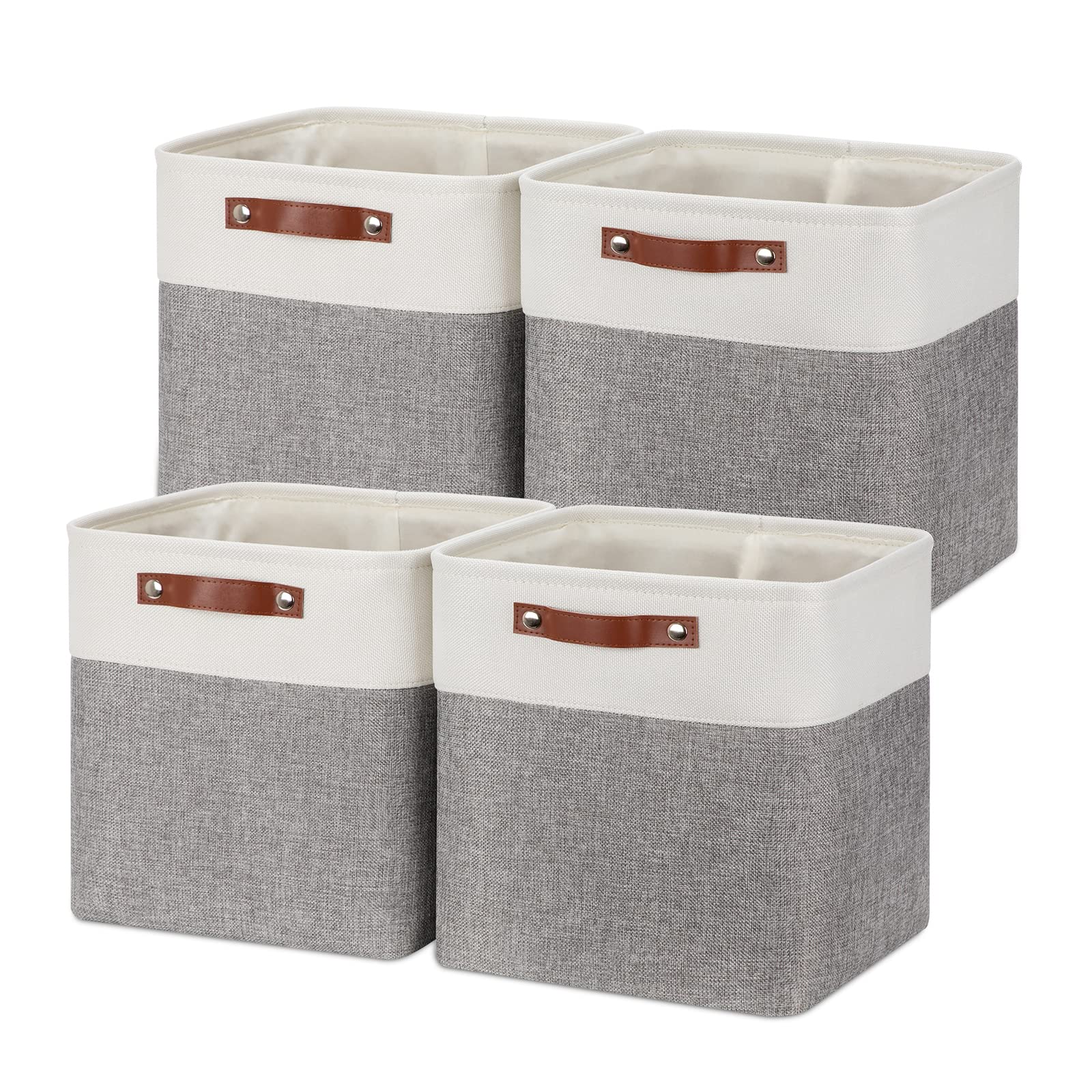 Temary 12 Inch Storage Baskets Foldable Fabric Storage Cubes 4PCs Storage Bins Organizer with Handles, Baskets for Organizing Clothes, Towels (White & Grey, 12 x 12 x 12)