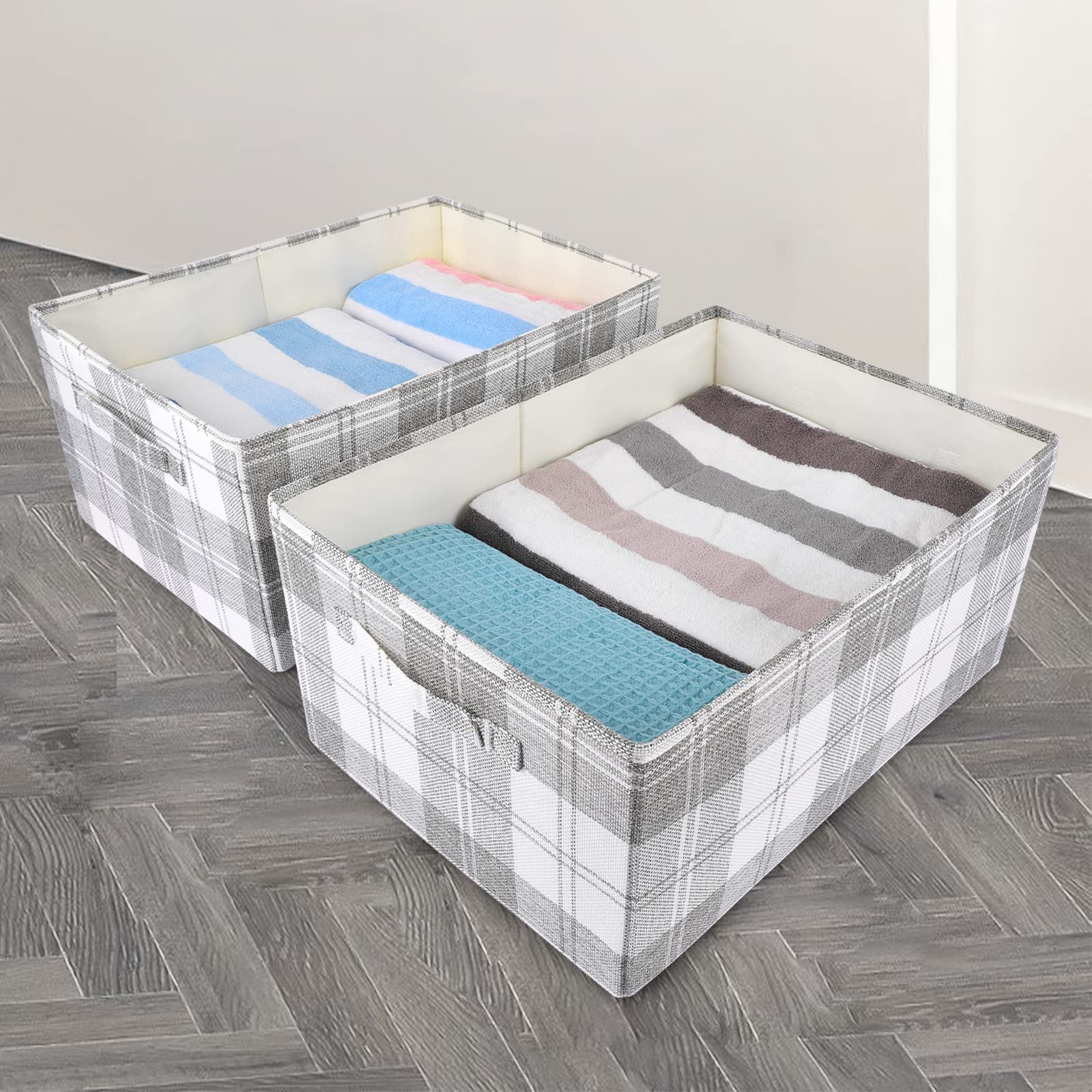 ANMINY 2PCS Storage Baskets Closet Storage Organizer Bins with Handles, Foldable Large Fabric Storage Bins for Shelves, Rectangular Baskets Laundry Clothes Blanket Cubes - Light Gray, Large