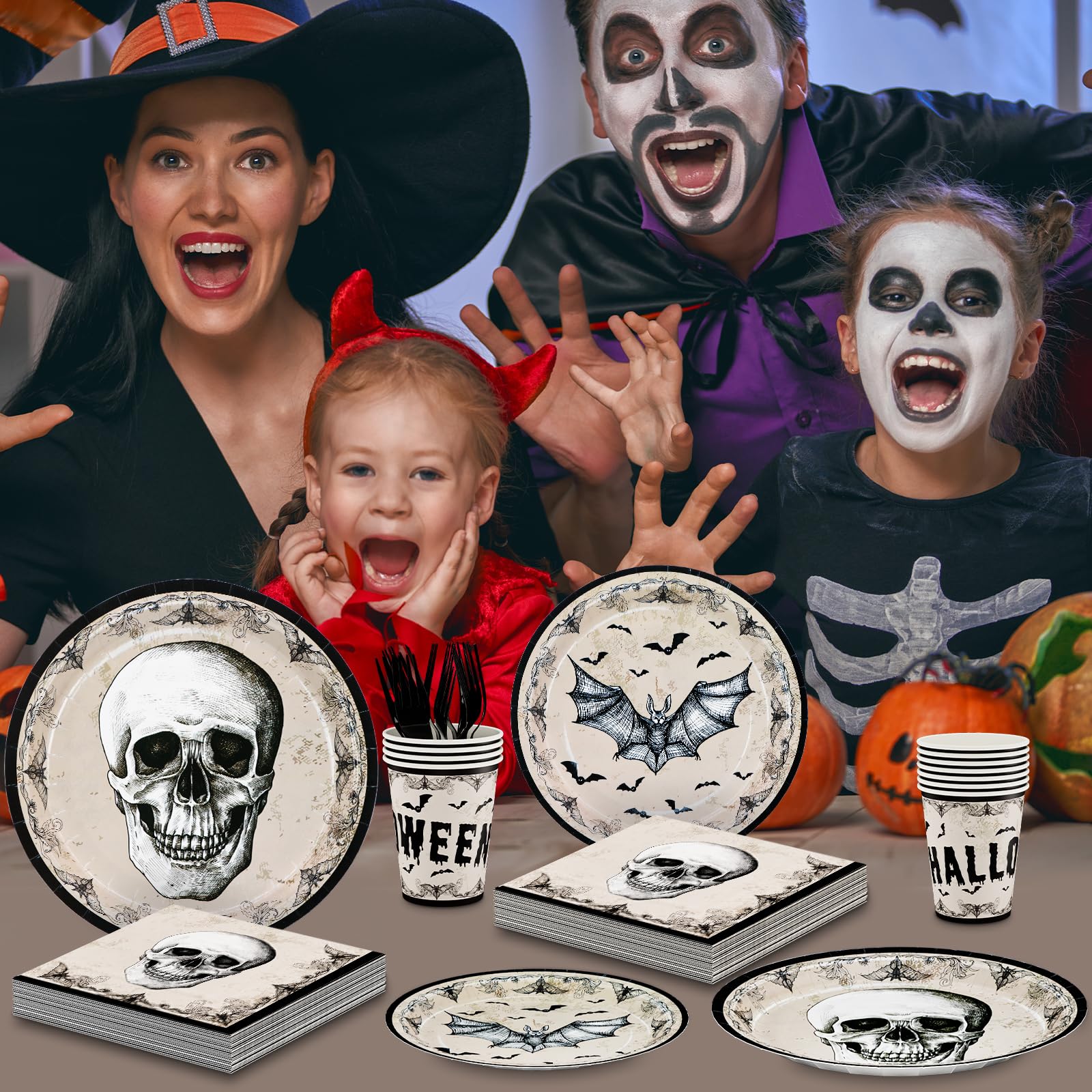 DYLIVeS Halloween Party Supplies Kit, Halloween Skull Bats Disposable Tableware, Includes Dinner Plates, Dessert Plates Napkins Cups Forks, Halloween Birthday Party Decorations Adults, Serve 24