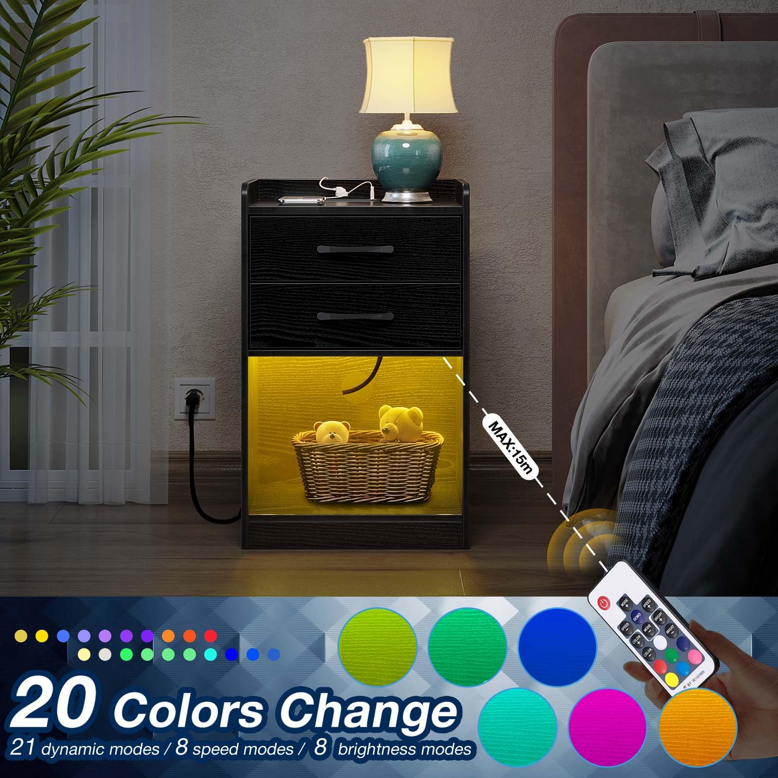 Seventable Nightstand with Charging Station and LED Lights, Modern Night Stand with 2 Drawers and Storage Open Compartment for Bedroom, Black