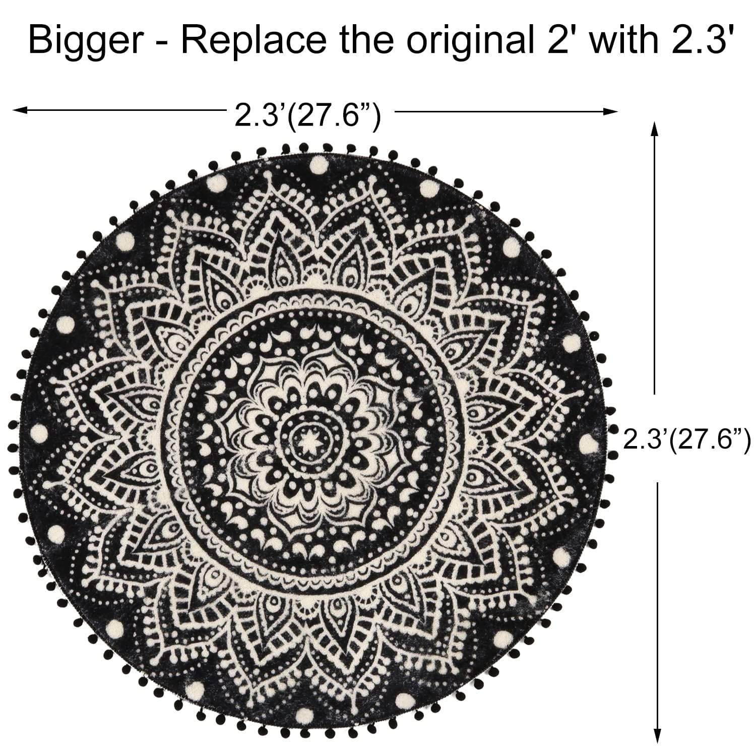 Uphome Small Round Rug 2.3’ Black Mandala Boho Bathroom Rugs with Pom Poms Fringe Washable Circle Shower Mat Soft Non-Slip Cute Circular Throw Rug for Sink Powder Room Bedroom Kids Room Nursery