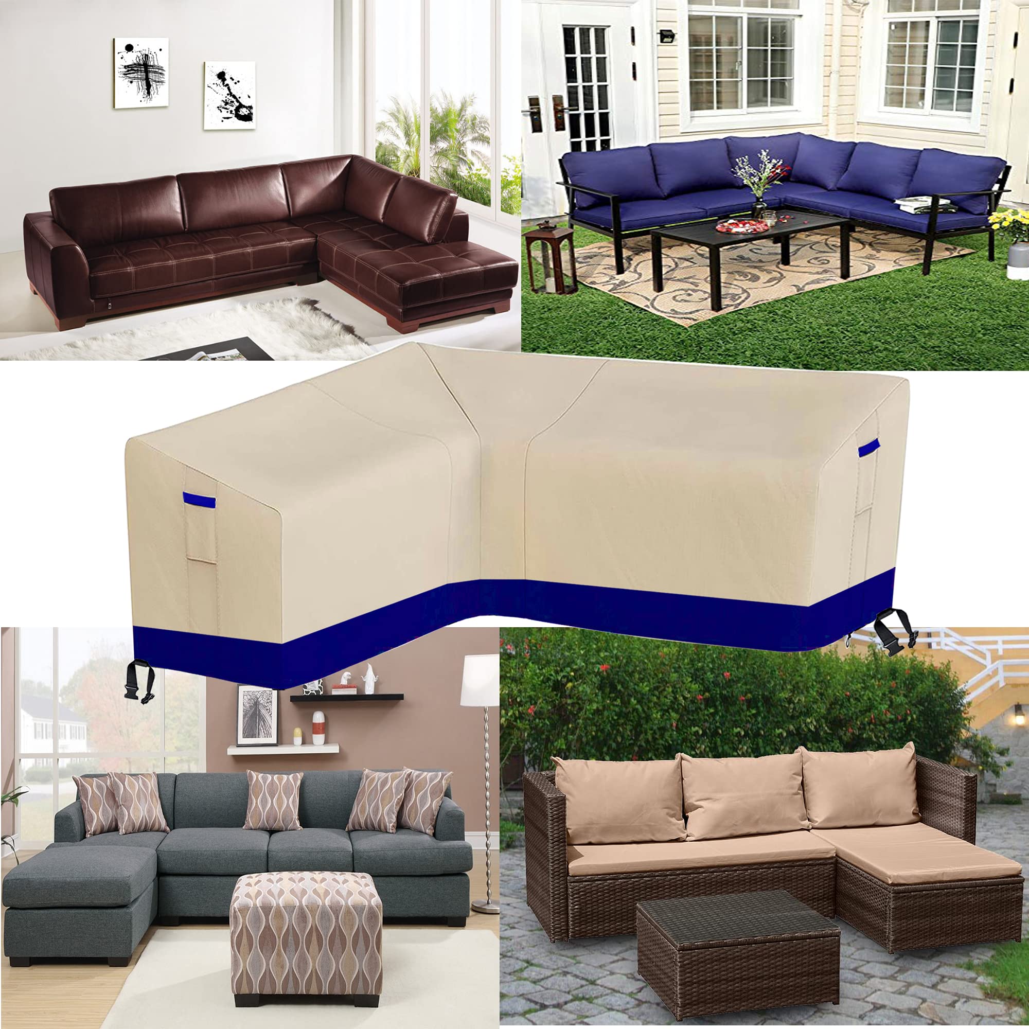 DUSTYPROTE Outdoor Sectional Sofa Cover,Patio Sectional Couch Cover, L-Shaped Lawn Patio Furniture Cover,82 "L x 104 "L x 32 "D x 30 "H Left Facing, Khaki Patchwork Dark Blue, Cover Only